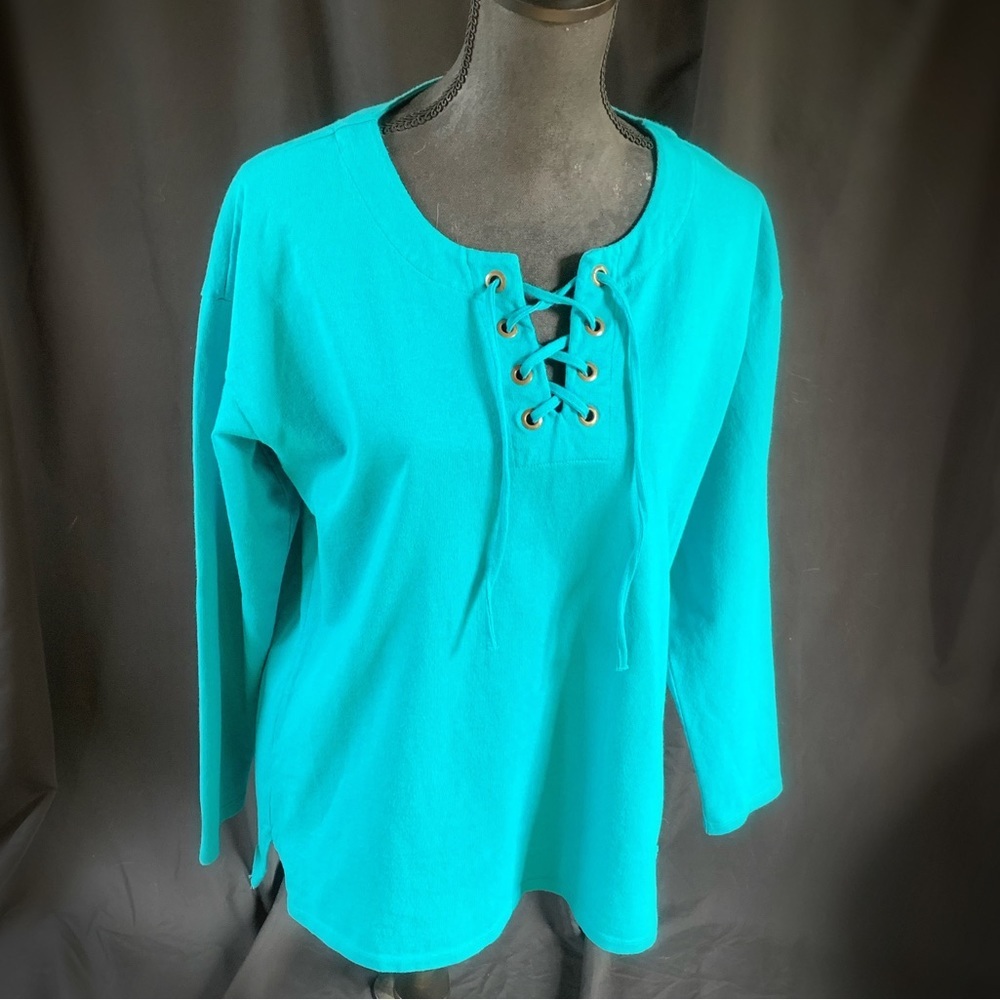 Lands’ End Lace Front Tunic Top Medium Turquoise Cotton Pullover